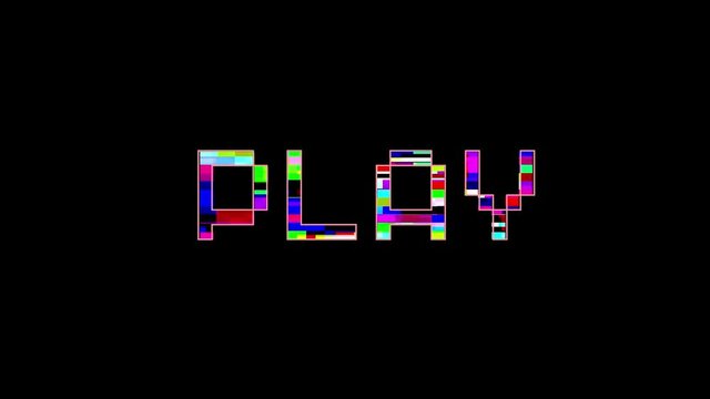 Play sign. Glitch and noise dynamic motion effect. Retro vintage pixel art. Unique graphic design. 80s 90s style. Brocken signal animation. Colorful footage isolated on black for overlay usage 4K clip