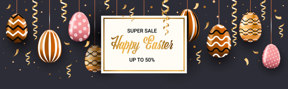 happy easter holiday celebration sale banner flyer or greeting card with decorative eggs horizontal vector illustration