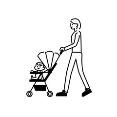 ベビーカーと赤ちゃんとベビーカーを押す人イラスト素材