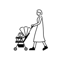 ベビーカーと赤ちゃんとベビーカーを押す人イラスト素材