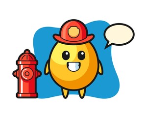 Mascot character of golden egg as a firefighter