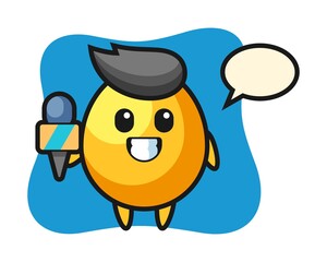 Character mascot of golden egg as a news reporter