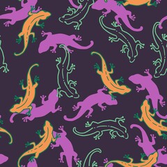 Abstract Vector Graphic Seamless Pattern with Lizard Silhouette and Line Art