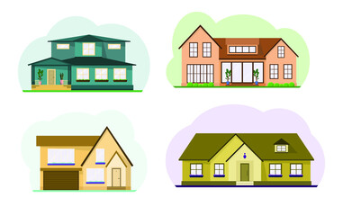 A set of cute two-story country houses. Attic, potted flowers on the windows. Flat design