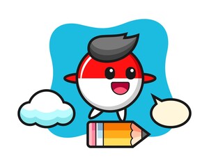 Indonesia flag badge mascot illustration riding on a giant pencil