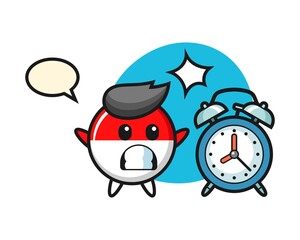 Cartoon illustration of indonesia flag badge is surprised with a giant alarm clock