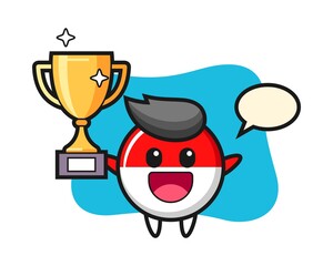 Cartoon illustration of indonesia flag badge is happy holding up the golden trophy