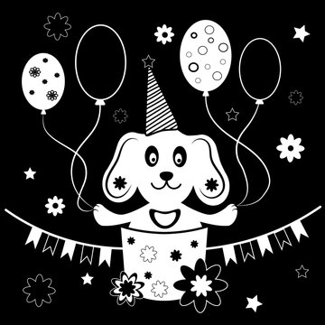 Puppy In A Basket With Flags, Balls And Flowers. Monochrome Image. Picture For Birthday Decoration, Print On T-Shirt Or Gift Wrap.