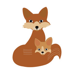 mother and baby fox vector illustration on white