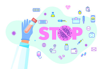 Concept of recovery. Hands dressed in medical clothes holding various means to defeat a dangerous disease.