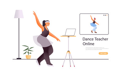 female dancer doing dancing exercises while watching online video training program with dance teacher workout concept isolated full length horizontal copy space vector illustration