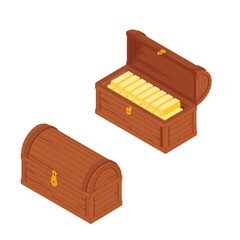 Old wooden chest with gold bars isolated on white background