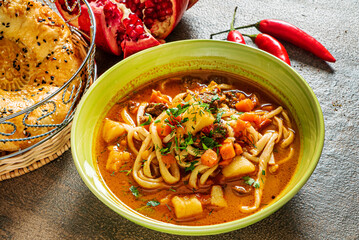 Laghman soup with meat and vegetables