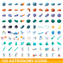 100 astronomy icons set. Cartoon illustration of 100 astronomy icons vector set isolated on white background © nsit0108