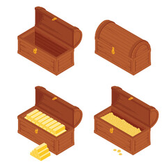 Old wooden chest with gold bars isolated on white background