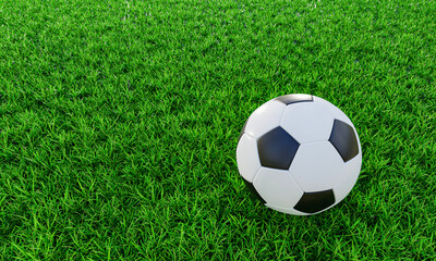 Realistic soccer ball or football ball basic pattern  on  green grass field. 3d Style and rendering concept for game. Use for background or wallpaper.