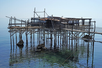 Traditional trabucco, wooden fishing house on platform, Abruzzo, Italy, fishing or travel concept