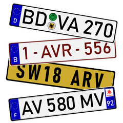 European countries car license plate registration numbers. France, German, UK and Belgium