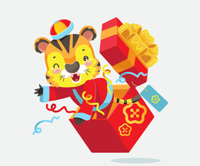 Chinese new year gift. Chinese tiger in red gift box. Chinese new year 2022. Year of the ox.
