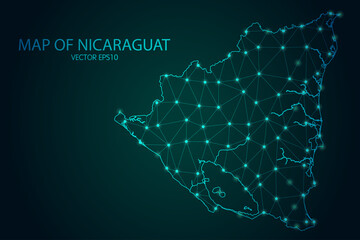Map of Nicaragua - With glowing point and lines scales on The dark gradient background, 3D mesh polygonal network connections. Vector illustration eps10.
