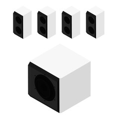 White acoustic speakers, loudspeakers and subwoofer isolated on white background isometric view