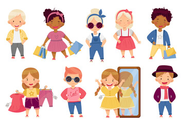 Little Kids Wearing Different Fashion Clothes Fitting New Stylish Look Vector Set