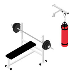 Gym bench with barbell and boxing bag isolated on white background isometric view.