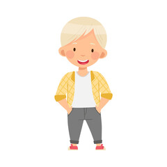 Blond Fashionable Boy Standing in Trendy Shirt and Trousers Vector Illustration