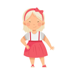 Blond Fashionable Girl Standing in Trendy Pinafore Skirt Vector Illustration