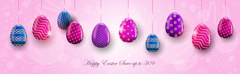 happy easter holiday celebration banner flyer or greeting card with decorative eggs horizontal vector illustration