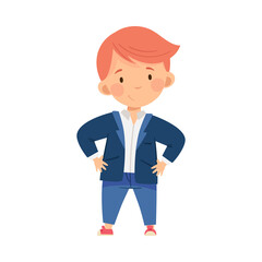 Redhead Fashionable Boy Standing in Trendy Jacket and Denim Blue Trousers Vector Illustration