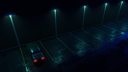 Lonely retro car on empty parking in the rain. Fog, rain, reflections. Cyberpunk wallpaper. 3d render illustration. © Nikolay E