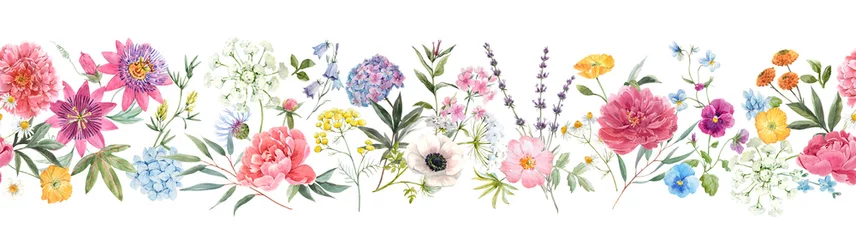 Behang Beautiful horizontal seamless floral pattern with watercolor hand drawn gentle summer flowers. Stock illustration. Natural artwork. © zenina