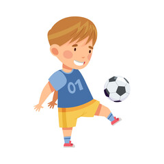 Little Boy in Sports Shirt and Shorts Playing Football Kicking Ball with His Foot Vector Illustration