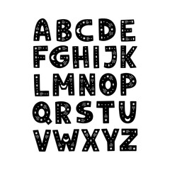 Celestial English alphabet. ABC. Black hand drawn graphic font with moon, stars. Uppercase letters. Design for typography astronomy poster, card. Modern vector illustration. Scandinavian print.