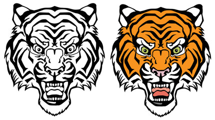 head of a roaring tiger. Angry big cat. Front view. Colour and Black White tattoo style vector illustration
