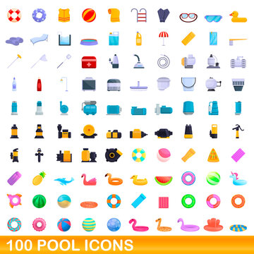 100 Pool Icons Set. Cartoon Illustration Of 100 Pool Icons Vector Set Isolated On White Background