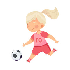 Cheerful Girl with Ponytail in Sports Shirt and Shorts Playing Football Passing Ball with Her Foot Vector Illustration