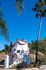 A white dilapidated tower with sprouted flowers and a tall slender palm tree stand against the background of a hill and a bright blue sky