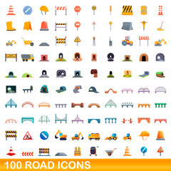 Naklejka premium 100 road icons set. Cartoon illustration of 100 road icons vector set isolated on white background