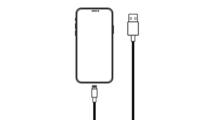 Outline line drawing modern smartphone, Cable Charge, USB Cable Smart Device icon Isolate on White Background.
