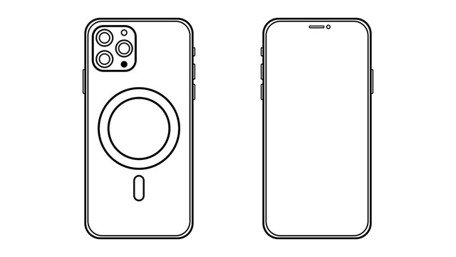 Outline line drawing Front and backside of modern smartphone, Wireless Charge Smart Device icon Isolate on White Background.