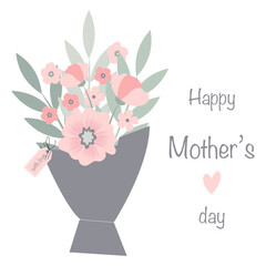 Obraz premium Illustration of bouquet of flowers for mom. Vector floral greeting card. Happy Mothers day card isolated on white background with flowers and leaves