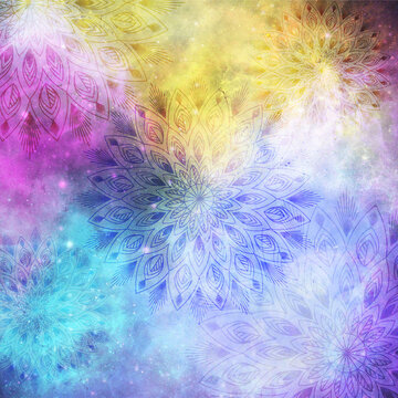 Cosmic mandala background. Colorful nebula in magenta pink, yellow, and purple with a mandala pattern overlay. Abstract background. Mindfulness, yoga, peace of mind. Spiritual energy of the galaxy