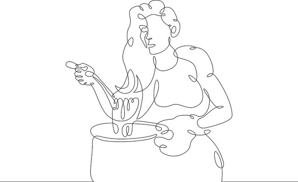 recommend clip art: Woman interferes ladle dish in a large saucepan. The girl is eating food. Woman eating. Portrait of the character of the food. One continuous drawing line  logo single hand drawn art doodle isolated m