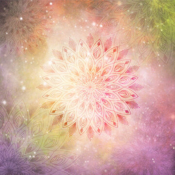 background with cosmic mandala. abstract space nebula backdrop with mandalas layover. joga and meditation lovers