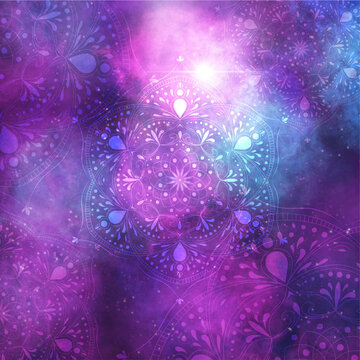 abstract background with stars and mandalas. cosmic mandala backdrop. violet, blue and purple glow. space nebula with mandala. spirituality, mindfulness, yoga theme