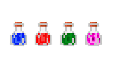Set of pixel potion bottles. Glass transparent bottle with cork on a white background. Vial of red, blue, green, and pink potion or poison. Restoration of health and magic. Objects for a pixel game