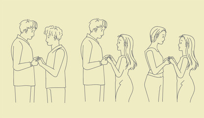 Couple holding hands set. Sweet couple in love. Hand drawn style vector.