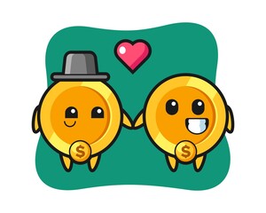 dollar coin cartoon character couple with fall in love gesture